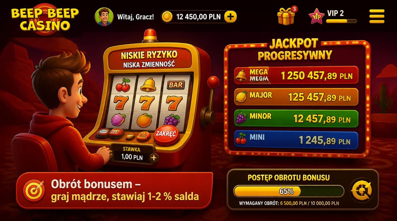 Gracz przy automacie z dynamicznym jackpotem i grafiką wymagań obrotu