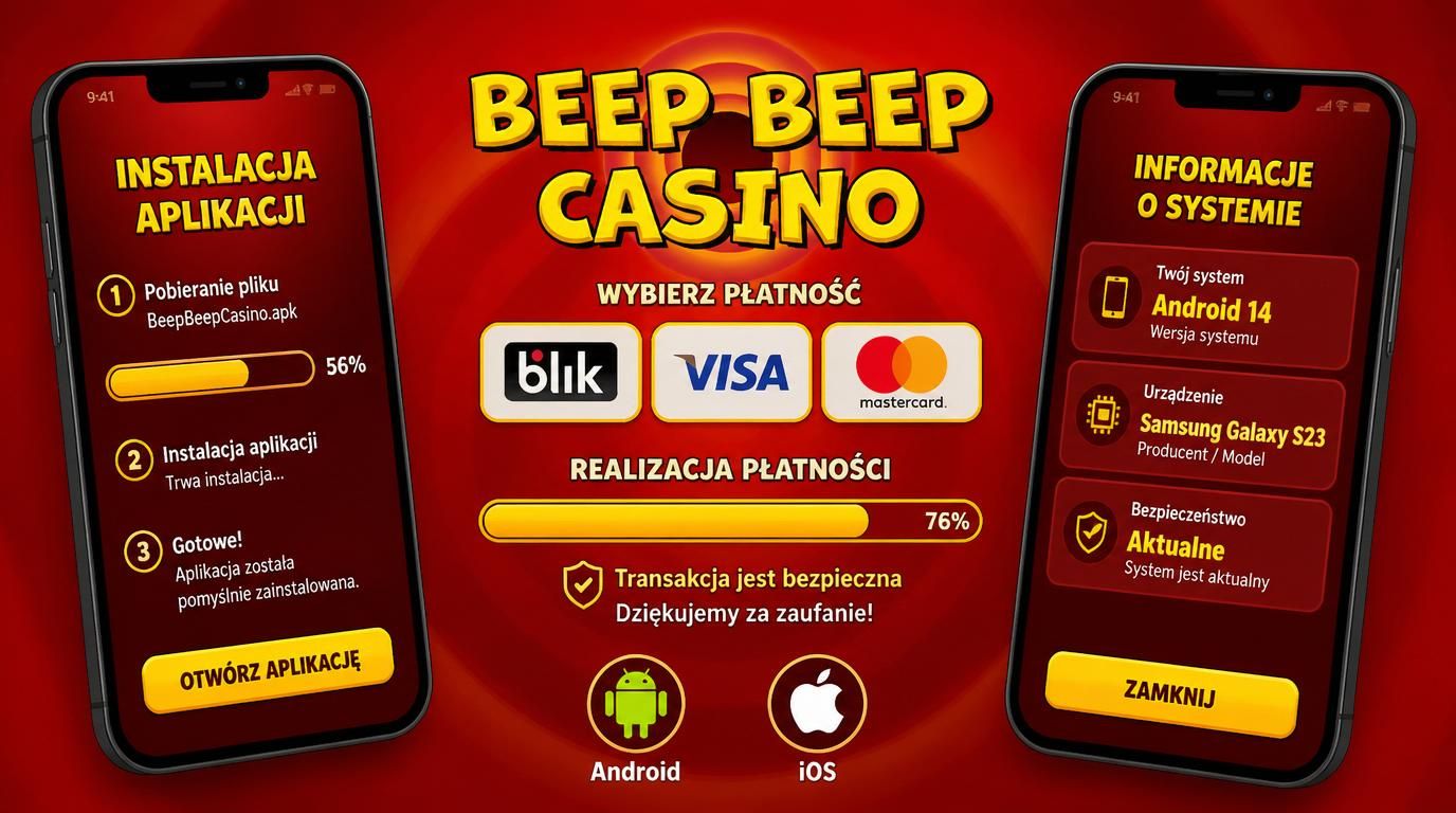Ekran wymagań aplikacji Beep Beep pokazujący kompatybilność Android/iOS oraz opcje płatności po polsku