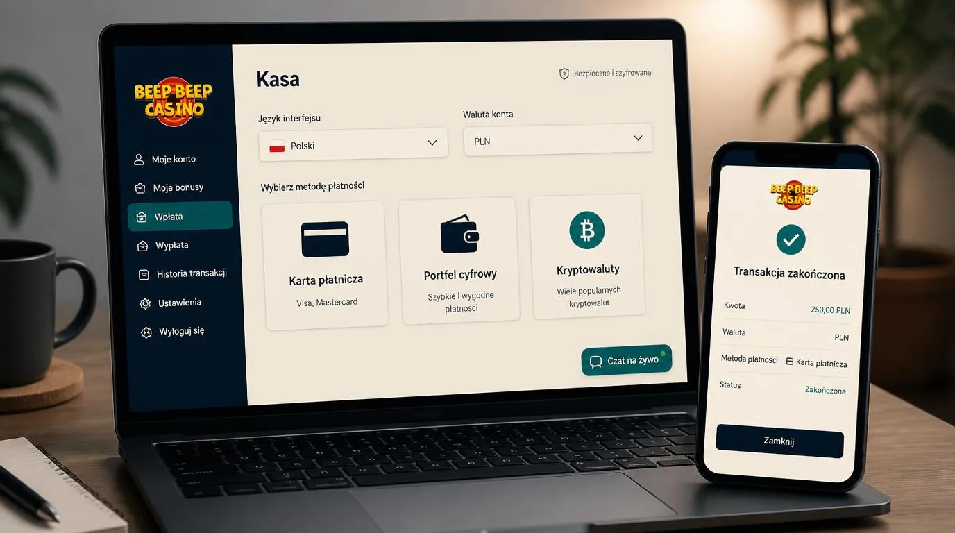 Ekran kasy kasyna z wyborem języka polskiego, waluty PLN, metod płatności i oknem czatu