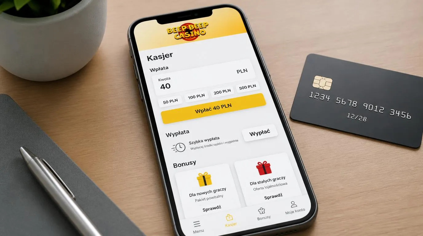 Telefon z ekranem kasyna pokazującym wpłatę 40 PLN, wypłatę i oferty bonusowe