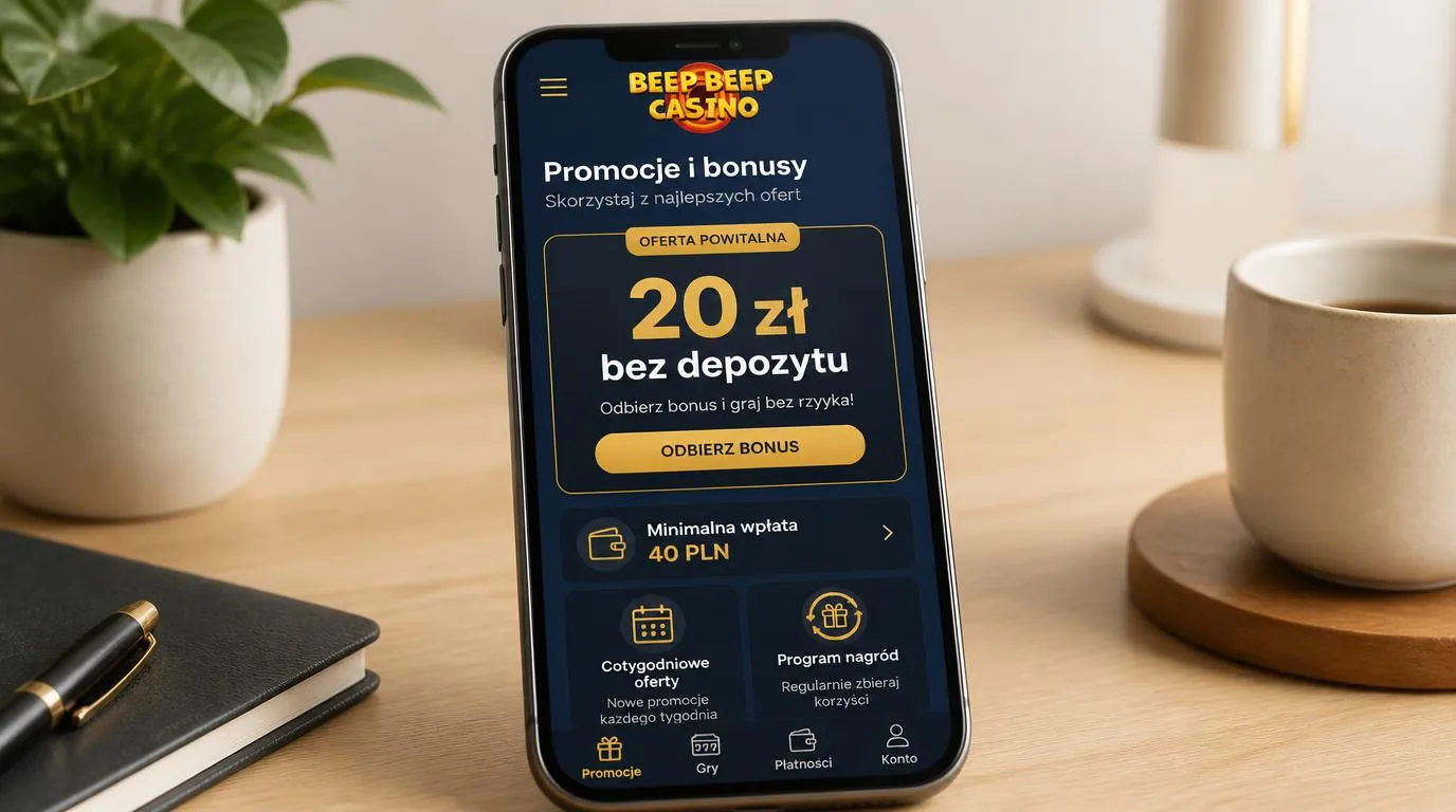 Ekran oferty powitalnej z kwotą 20 zł bez depozytu i informacją o minimalnej wpłacie 40 PLN